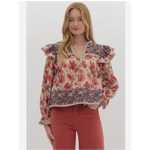 Entro M Boho Cottagecore Floral Mixed Media Ruffle Shoulder Blouse Top M - Picture 1 of 9